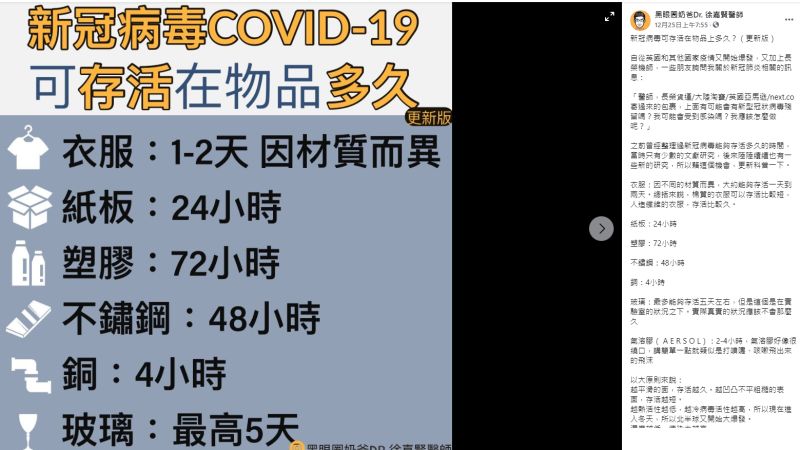 ▲徐嘉賢醫師分享新冠病毒在各種物質上殘留的時間差異。(圖/翻攝粉專「黑眼圈奶爸Dr.徐嘉賢醫師」)