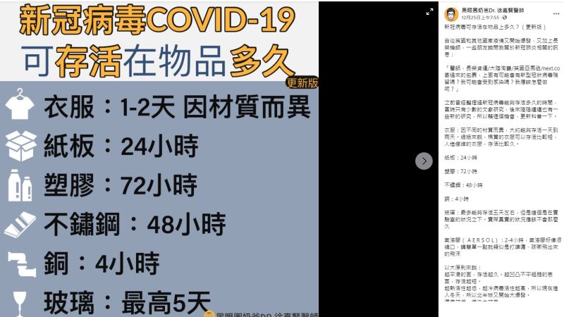 ▲徐嘉賢醫師分享新冠病毒在各種物質上殘留的時間差異。（圖／翻攝粉專「黑眼圈奶爸Dr.徐嘉賢醫師」）