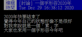 ▲網友們在批踢踢討論「如何用一個字形容2020年?」(圖/翻攝自PTT)