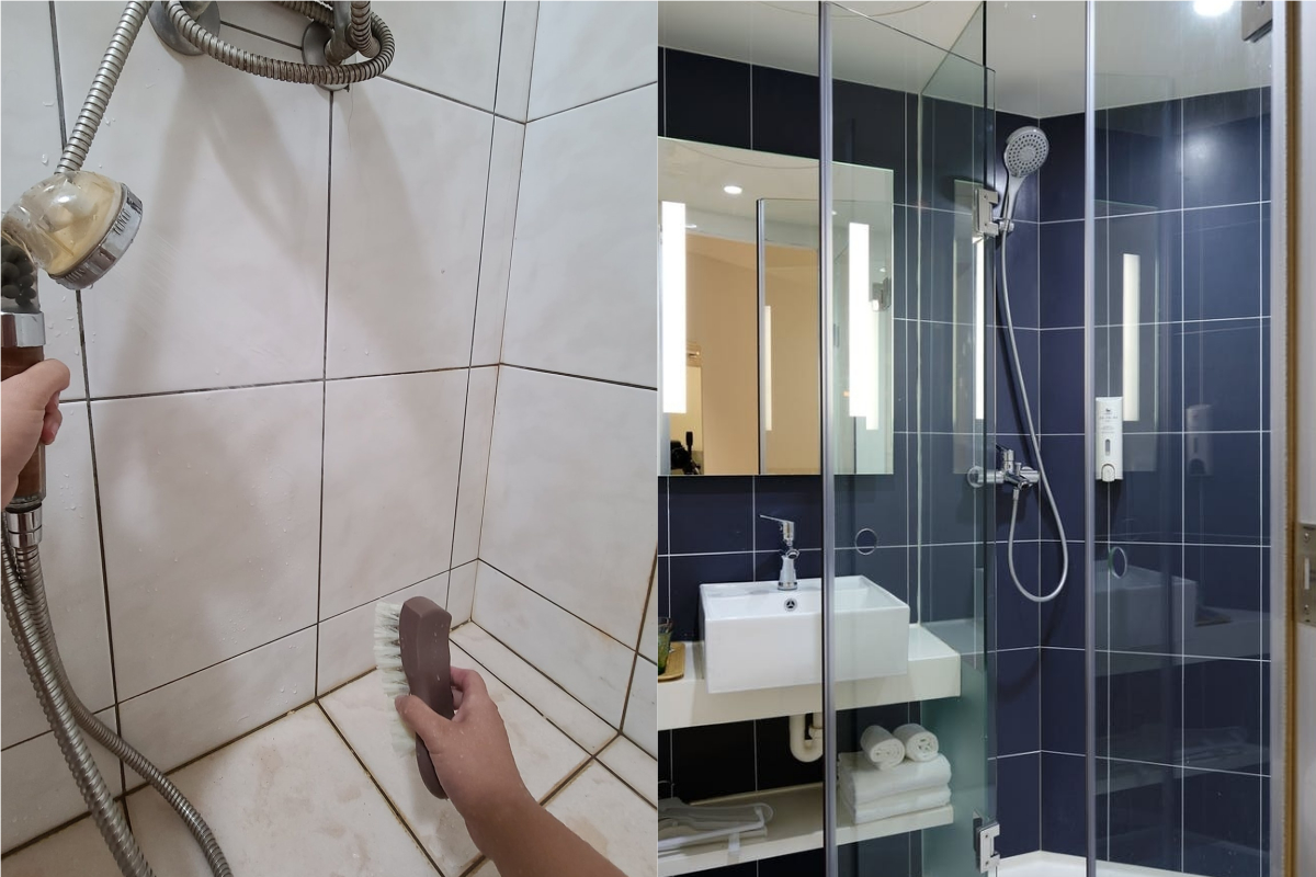 ▲有網友習慣在洗澡前先刷浴室的黃垢，於是好奇問「有人也會這樣嗎？」（示意圖／翻攝自《爆廢公社公開版》及《pexels》 ）