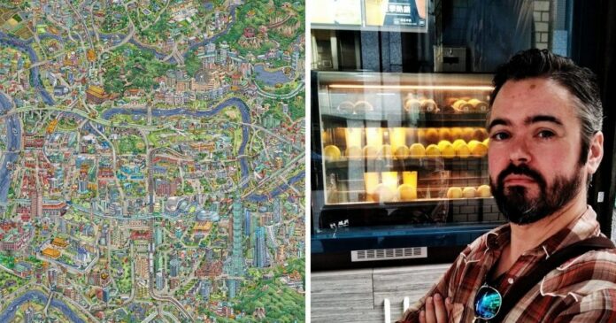 ▲拼圖，湯帕克(右)以及他所創作的手繪台北地圖。(圖|湯帕克提供)