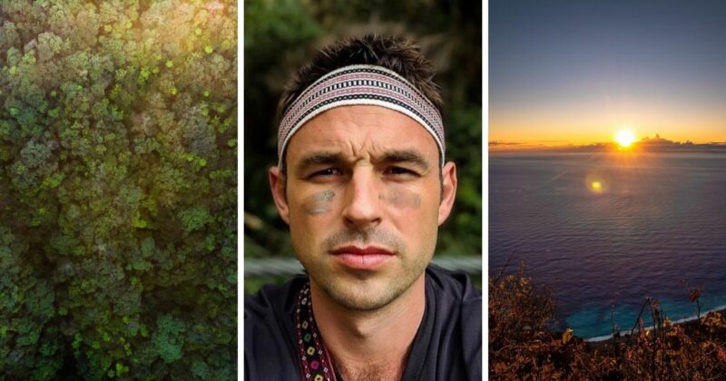 ▲The photo collage shows Ryan Hevern (middle), the eastern cliff pictured in Hualien (right) and the forest from the bird’s eye view. (Courtesy of Ryan Hevern)