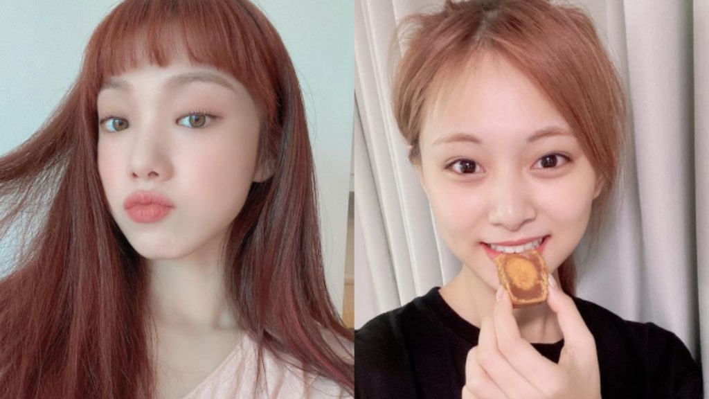 ▲李聖經、周子瑜都在染煙燻玫瑰粉棕髮色。（圖／翻攝自IG@heybiblee、twicetagram）