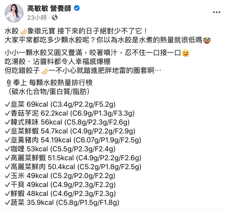 ▲營養師高敏敏在臉書粉專分享了12款水餃的熱量排行榜。(圖/翻攝自臉書粉專《高敏敏
