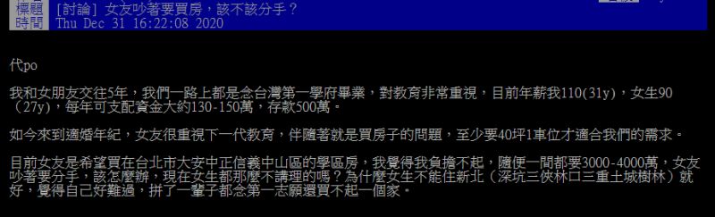 ▲一名男網友透露，他與女友交往5年，近日考慮未來買房，但女友想買在台北市，雙方溝通不良，女友便鬧分手，讓他不知所措。（圖／翻攝自PTT）