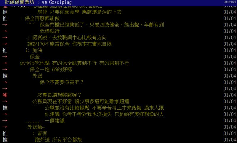 ▲眾多網友看完原PO的條件後，紛紛建議去當保全與外送員。（圖／翻攝ptt）