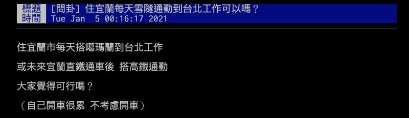 ▲網友詢問大家每天從宜蘭通勤到台北可行嗎？引發熱議。（圖／翻攝自批踢踢）