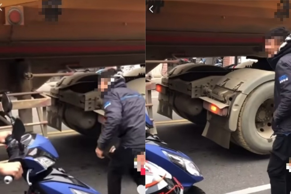 ▲有網友發現，有群年輕男子近日賭命拍抖音短片，挑戰「鑽過砂石車底」，讓人相當傻眼。（圖／翻攝自《抖音》 ） 