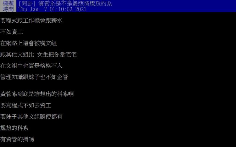 ▲網友指出「資管系是不是最悲情尷尬的系？」（圖／翻攝PTT）
