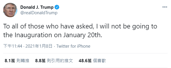 ▲川普揚言不去1月20日的新總統就職典禮。(圖/擷取自推特)