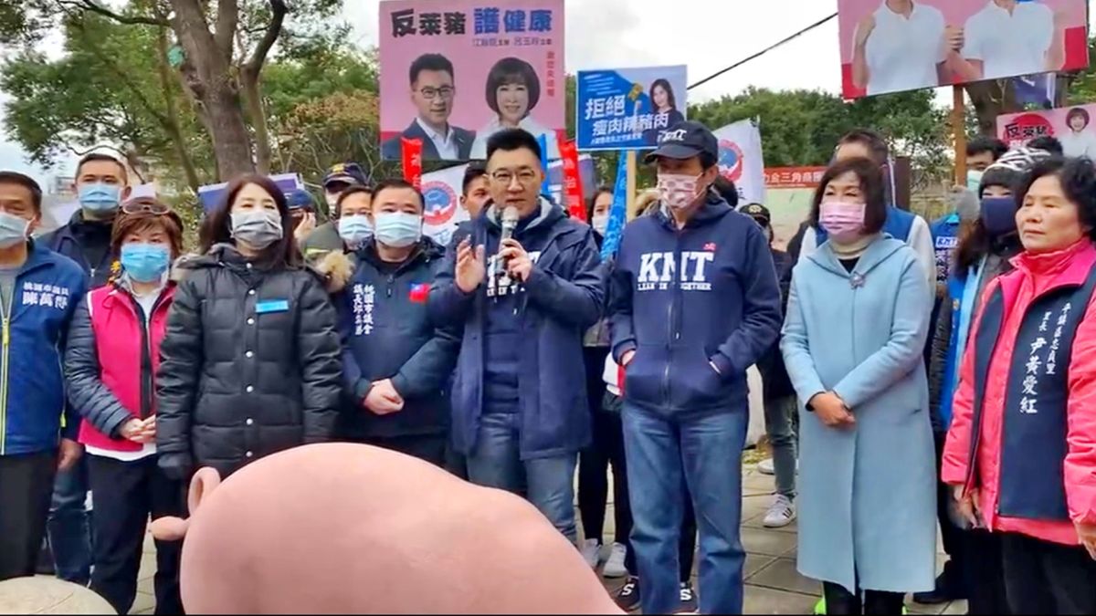 ▲江啟臣9日與前總統馬英九一起到桃園宣傳反萊豬公投連署行動，兩人在７度低溫下並肩站在一起。（圖／國民黨提供）