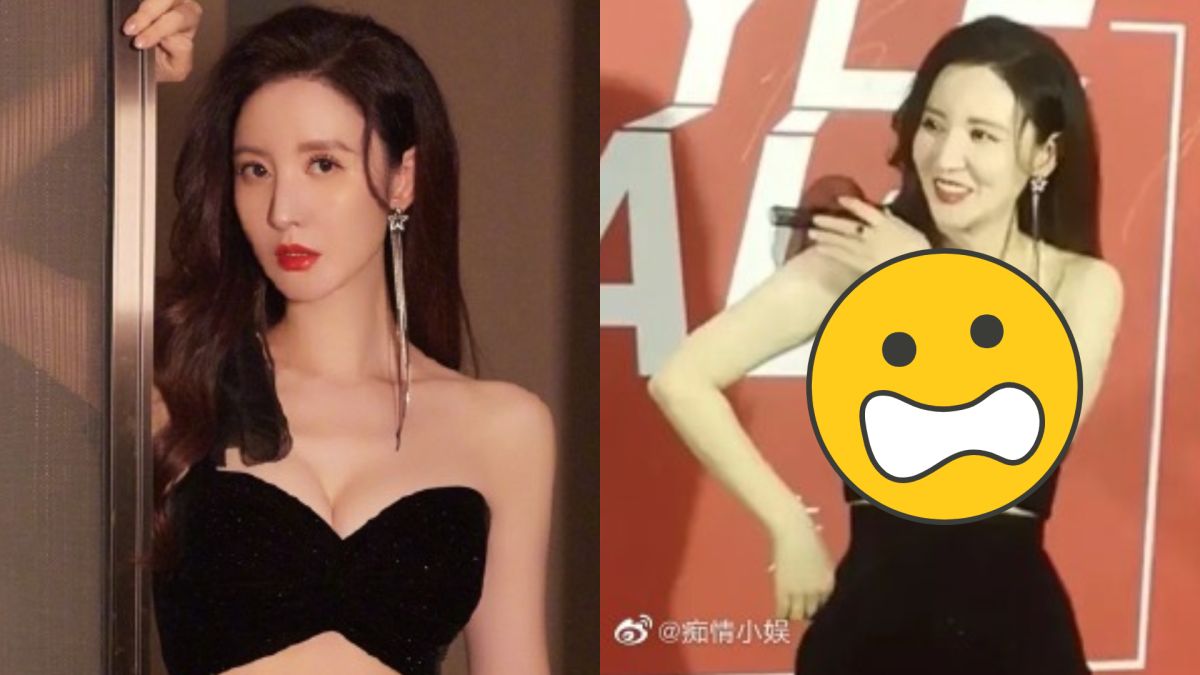 ▲張萌禮服肩帶斷掉，險些露點。（圖／張萌、痴情小娛微博）