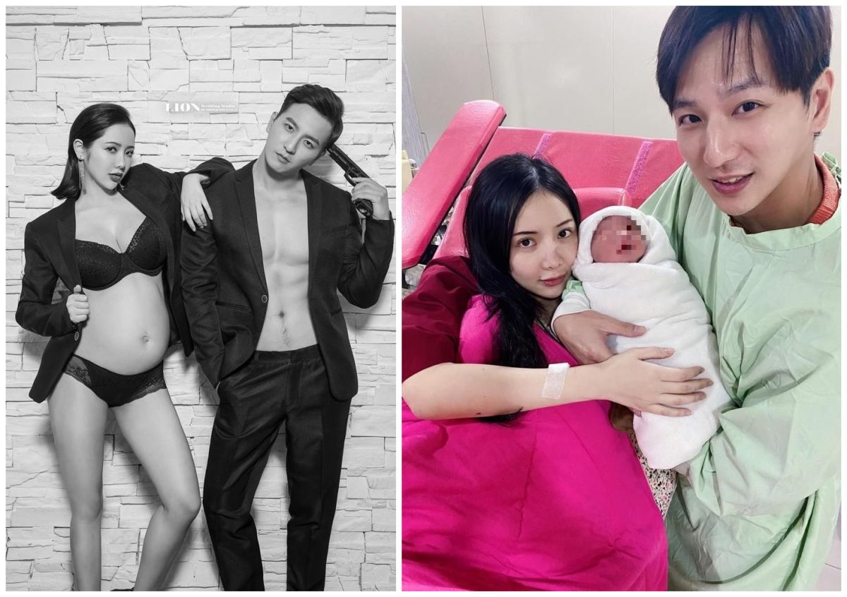 ▲楊奇煜（左圖右、右圖右）的太太言兒順利產下兒子「Mujo」。（圖／猿聲提供）