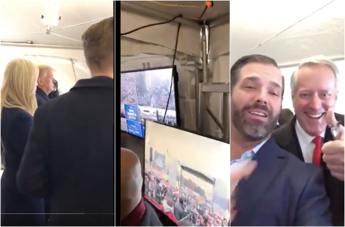 ▲川普與子女、白宮幕僚等人，一同在白色帳篷內觀看國會動亂的直播影片近日在網路上流傳，不少網友比對各項證據認為1月6日的暴力事件極可能是「事先謀劃」的陰謀。（圖／翻攝自影片）