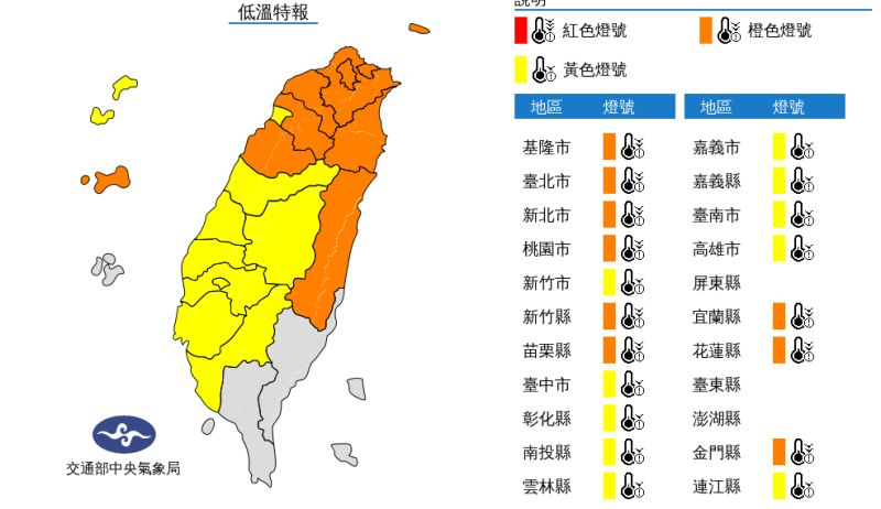 ▲受到寒流南下影響，氣象局今（ 11 ）日已針對全台 19 縣市發布低溫特報。（圖／氣象局）