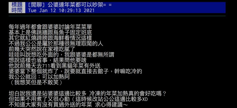 ▲網友透露公婆因為對年菜的意見不同而吵架。(圖/翻攝自批踢踢)