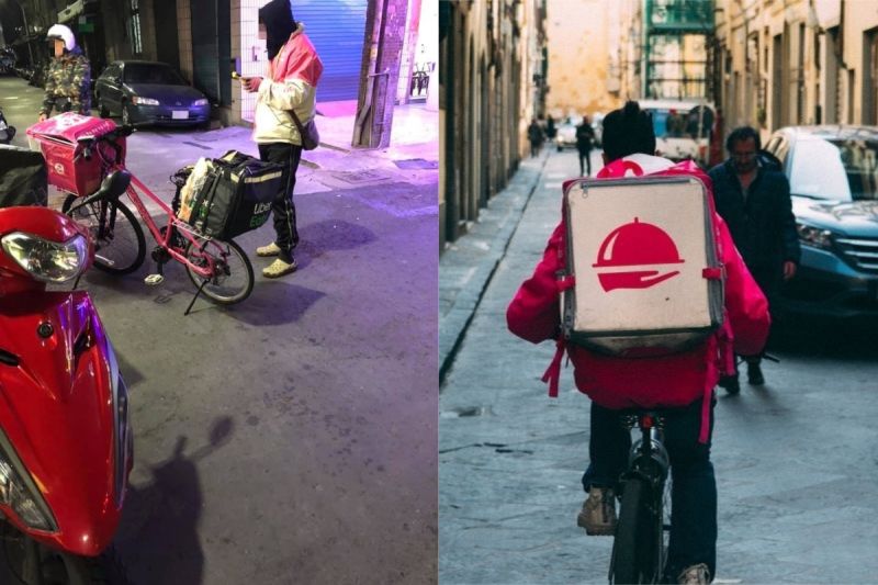 ▲有網友在路上驚遇「吳柏熊」，騎著單車還扛著兩個外送包。（示意圖／翻攝自《UberEats台灣》及《pexels》 ）
