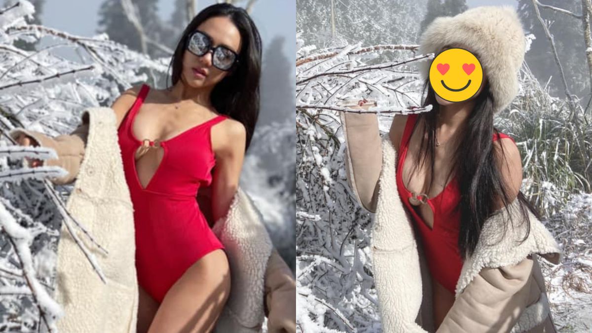 ▲長髮辣妹穿開洞高衩泳衣賞雪，引爆話題。（圖／王茉聿臉書）