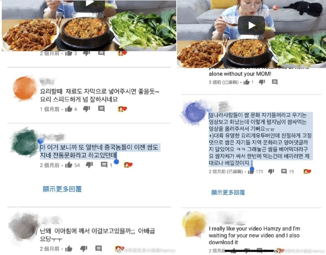 ▲Hamzy點讚「大陸人竟然說包飯是他們的文化」留言,惹怒大陸網友。(圖/YouTube)