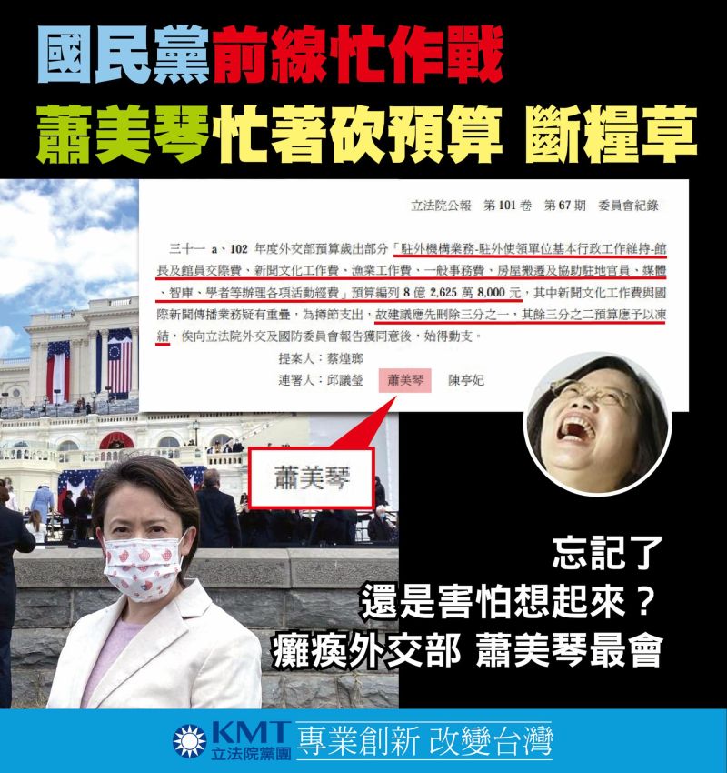 ▲立法院國民黨團表示,蕭美琴過去擔任立委時,曾大刪外館預算高達三分之一幅度,其餘甚至全部凍結。(圖/立法院國民黨團提供)