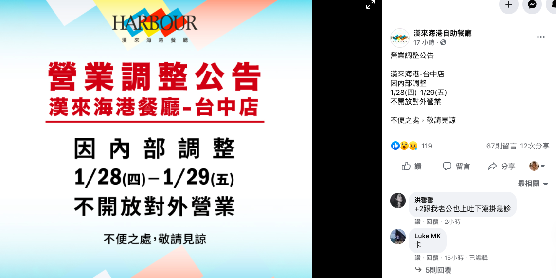 ▲台中市西區漢來海港自助餐廳，日前傳出有49人出現嘔吐、腹瀉等症狀，共12人就醫，疑似食物中毒，台中市食安處採集檢體送驗，業者則宣布28、29日停業，且自行消毒。（圖/翻攝漢來海港自助餐廳粉專）