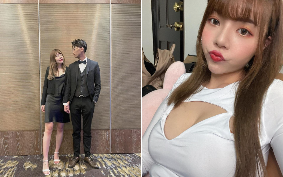 ▲超直白28日身穿黑色低胸連身禮服，與男友一起參加公司尾牙。（圖／翻攝超直白IG）