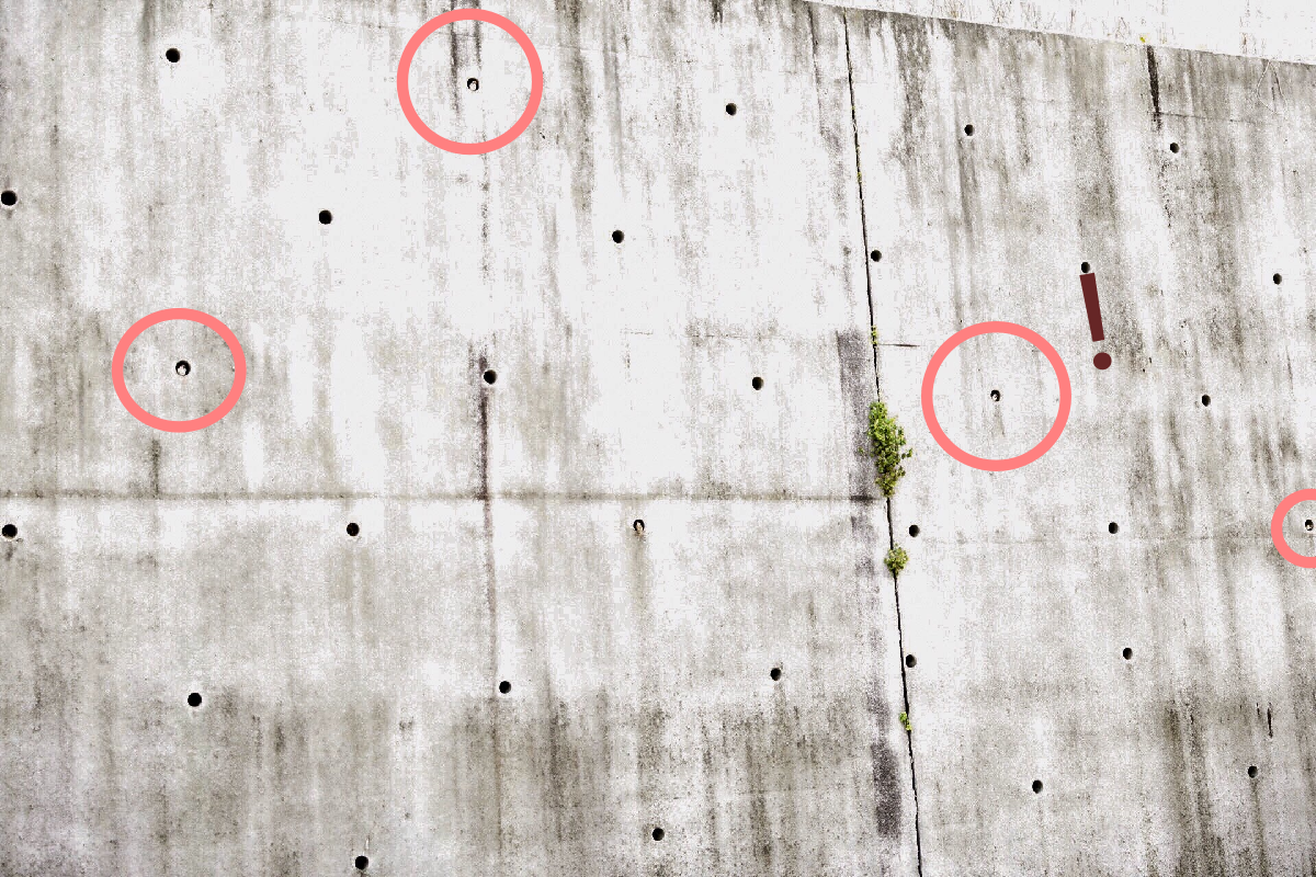 牆上滿布排水孔，站近一看竟有好多「毛茸茸頭」從裡面探出！（圖／Twitter＠MausMagica）