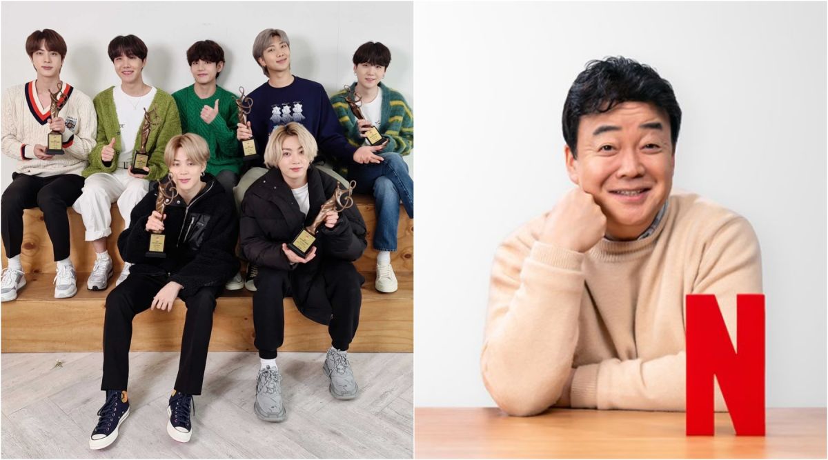 ▲BTS（左）節目上問白種元各式煮飯祕訣，問題笑翻全場。（圖／BTS Twitter、Netflix）