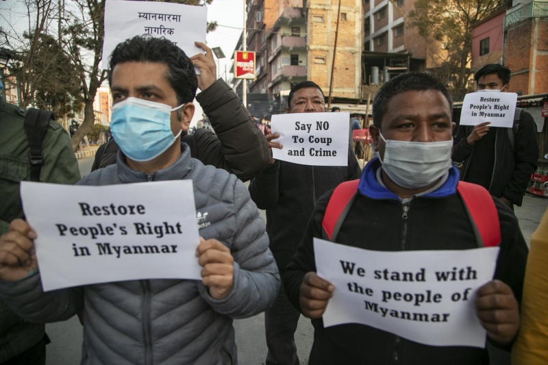 ▲尼泊爾　抗議緬甸政變