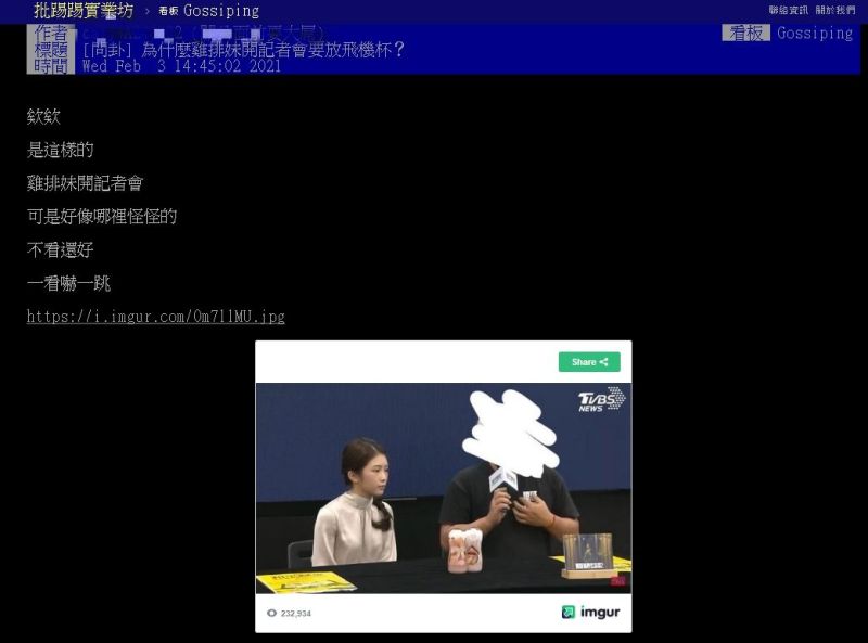 ▲有網友以「為什麼雞排妹開記者會要放飛機杯」為題發文。(圖/PTT)