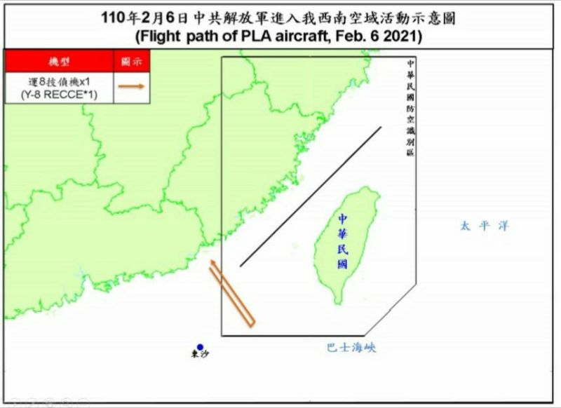 ▲共機2月6日進入我防空識別區路線圖。（圖／空軍司令部提供）