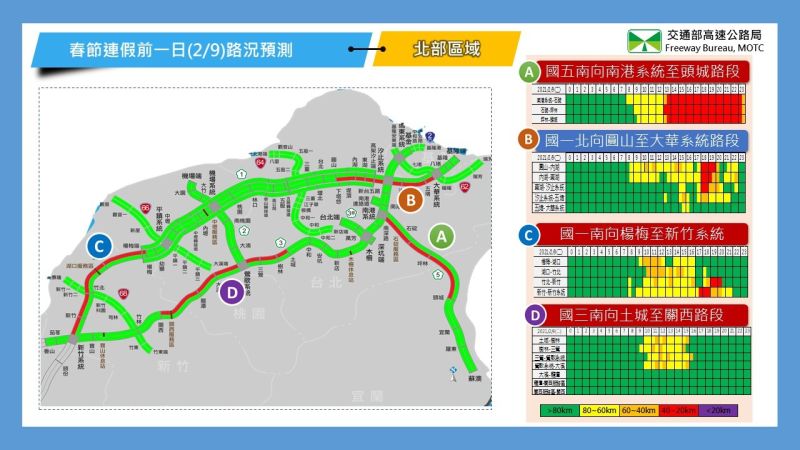 ▲2月9日北部地區路況預測。（圖／高公局）