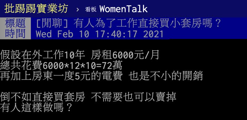 ▲該為了工作直接買小套房？貼文引發熱議。（圖／翻攝自PTT）