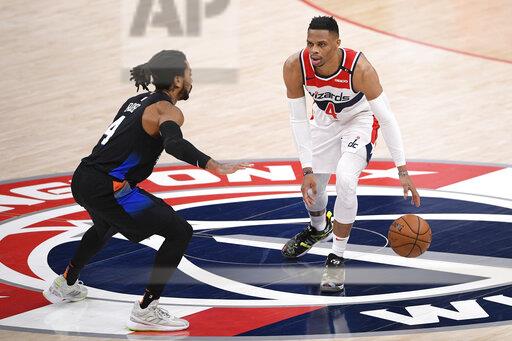 ▲巫師球星R.Westbrook繳出準大三元的成績單，但還是不敵尼克。（圖／美聯社／達志影像）