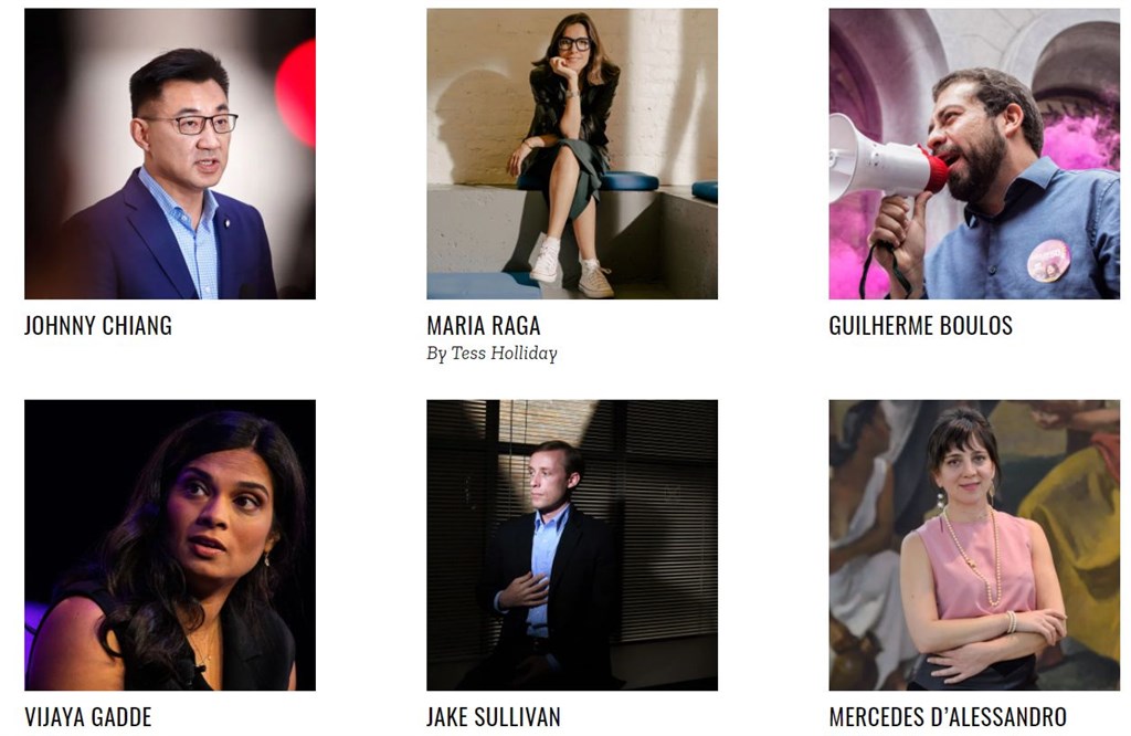 ▲▲時代雜誌17日公布年度次世代百大人物名單，白宮國家安全顧問蘇利文（下排中）、48歲的國民黨主席江啟臣（上排左1）也入選。（圖/中央社）