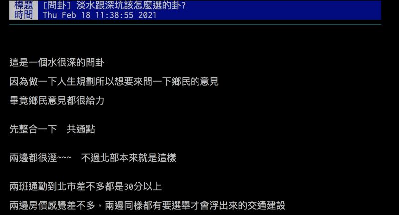 ▲網友詢問淡水跟深坑該怎麼選,引發討論。(圖/翻攝自批踢踢)