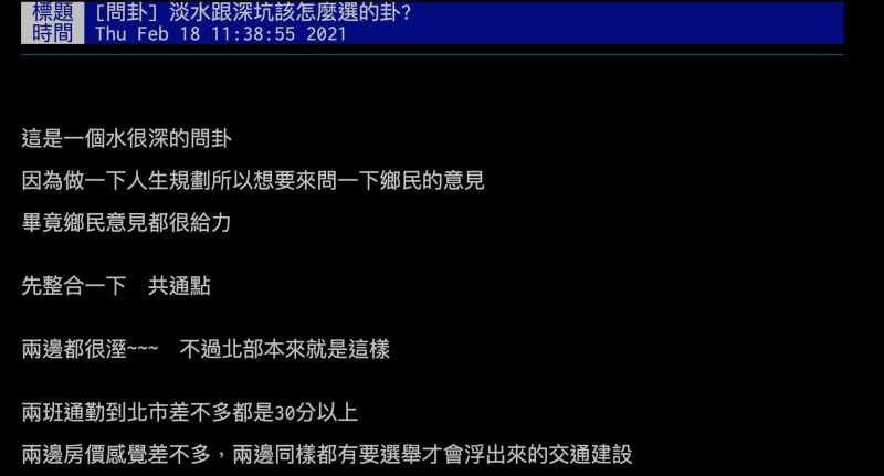 ▲網友詢問淡水跟深坑該怎麼選，引發討論。（圖／翻攝自批踢踢）