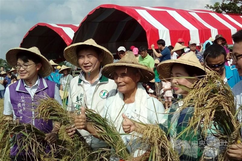 ▲台南市無米樂稻米推廣促進會過去舉辦「歡喜割稻尾」活動,「崑濱伯」黃崑濱(前左3)也現身參與敬天謝土儀式。(中央社檔案照片)