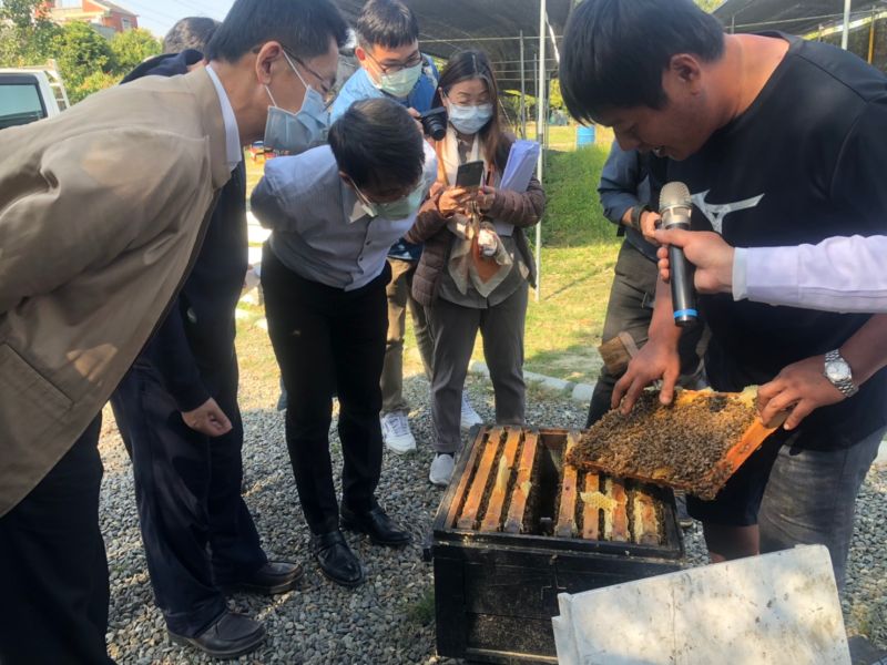 ▲高雄市政府副祕書長郭添貴率領「農村再生計畫審查小組到阿蓮區峰山社區,參觀岡發養蜂場的蜂蜜生態自然農場。(圖/高市農業局提供)