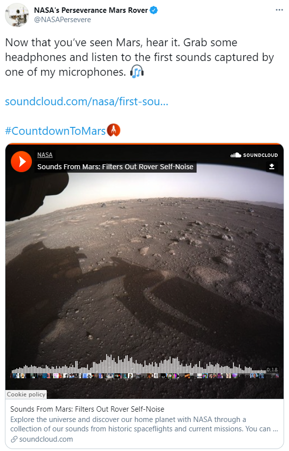 ▲NASA在官方推特上公布一段約18秒長的錄音檔，聲稱是「來自火星的聲音」。（圖／擷取自推特）
