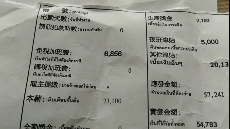 ▲一張泰籍勞工的薪資單曝光,引發網友熱議。(圖/爆廢公社公開版)