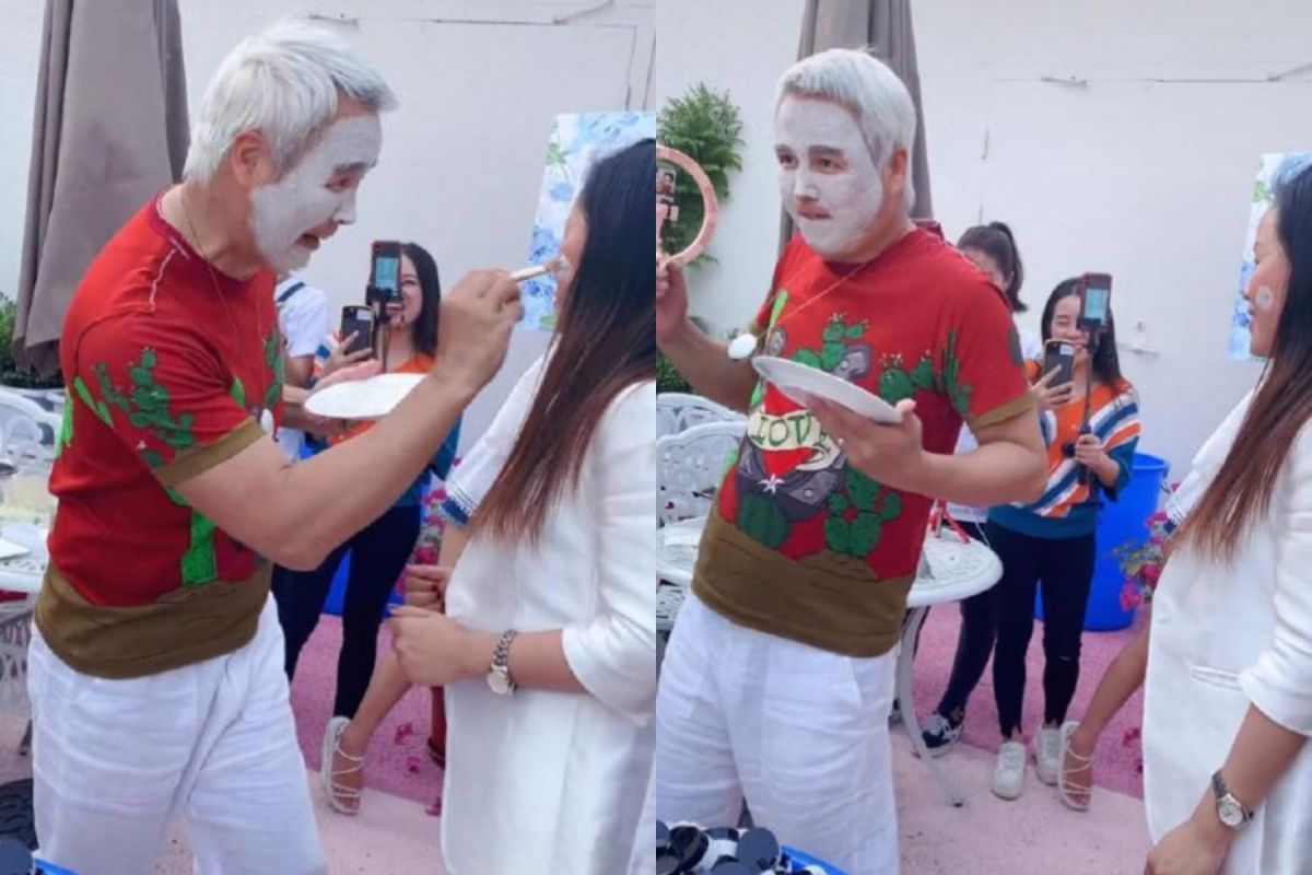 ▲林瑞陽拿起刷具替女員工抹面膜。（圖／鳳凰網娛樂微博） 