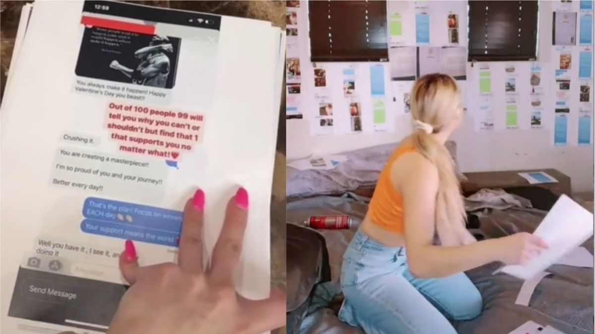 ▲這名女子發現男友一次與3女搞曖昧後，將所有撩妹的對話紀錄貼滿了偷吃男的房間，影片超過810萬觀看次數掀起熱議。（圖／翻攝自TikTok ＠lovetruthink）