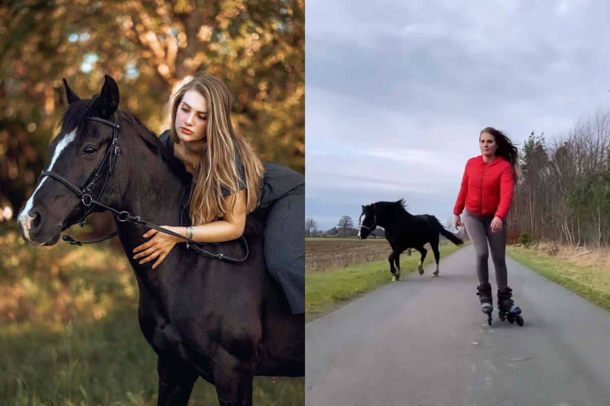 正妹溜直排輪，駿馬看到開心跟著跑起來！（圖／Instagram＠vandiego.rico）