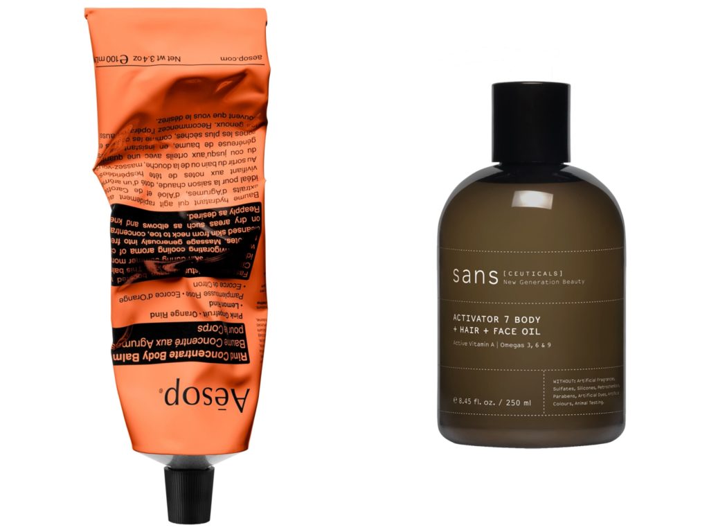 ▲Aesop 橙香身體乳霜 100mL NT$1,000；Sans Ceuticals 三合一滋養身體油250ml NT1,600。（圖／Aesop、Sans Ceuticals）