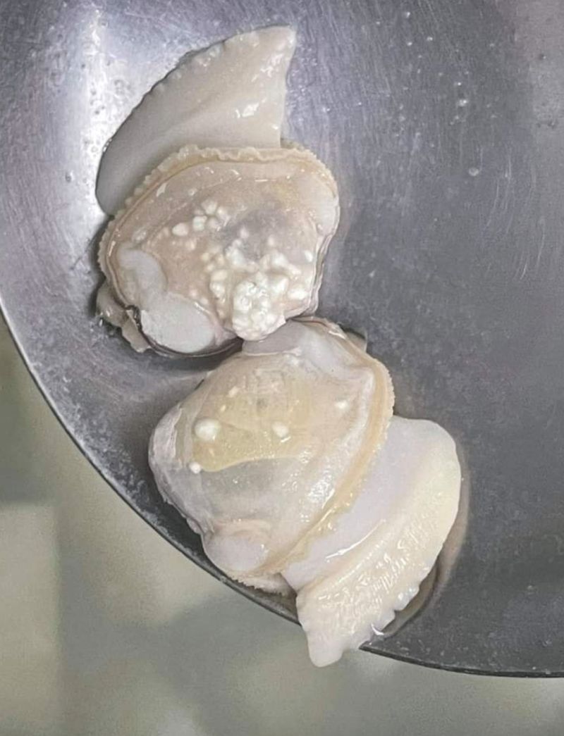 ▲一名女網友發文並PO出一張照片,好奇地詢問「請問蛤蜊肉上的白色點點是什麼」。(圖/翻攝自《爆系知識家》)