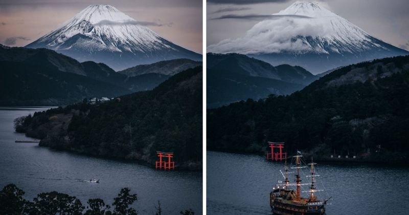 ▲一名日本攝影師於推特上分享兩張驚人富士山照，讓許多網友困惑自己在看的到底是照片還是水墨畫。（圖／擷取自推特@_deepskyyy)