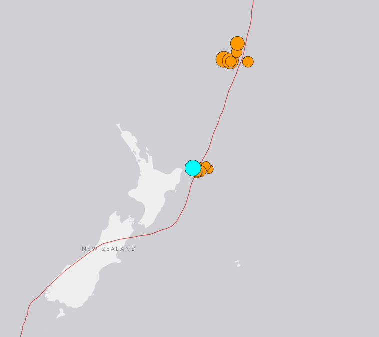 ▲紐西蘭北部海域，在台北時間4日晚間至5日清晨，接連發生多起地震。（圖／取自USGS）