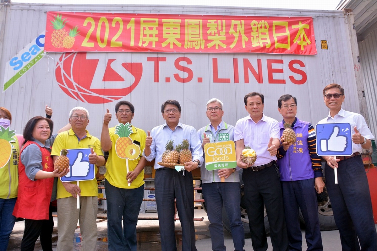 ▲台灣鳳梨銷陸受阻，屏東縣長潘孟安5日出席高樹鄉銀獅青果生產合作社鳳梨外銷日本封櫃儀式。（圖／屏東縣政府提供, 2021.03.05）