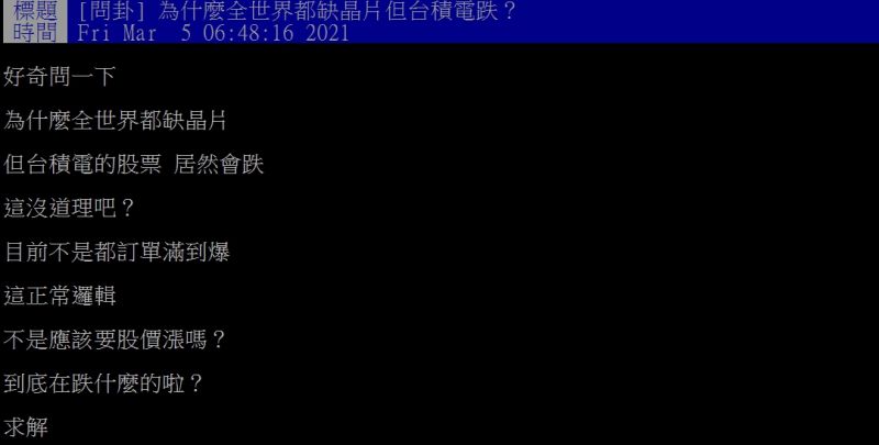 ▲原PO好奇提問「為什麼全世界都缺晶片但台積電跌？」（圖／翻攝PTT）